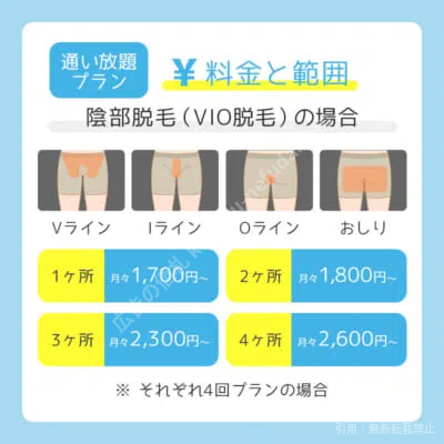 メンズクリア陰部脱毛（VIO脱毛）の案内。部位数ごとの月々料金、1ヶ所1,700円・2ヶ所1,800円・3ヶ所2,300円・4ヶ所2,600円（各4回プランの場合）