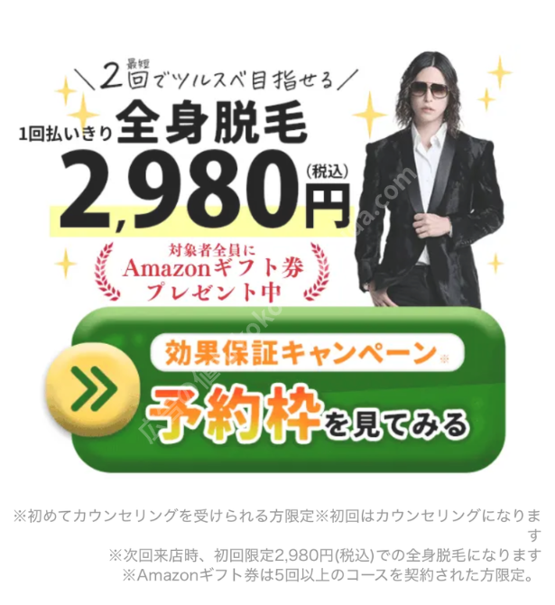 RBLの広告。1回払いきり全身脱毛2,980円